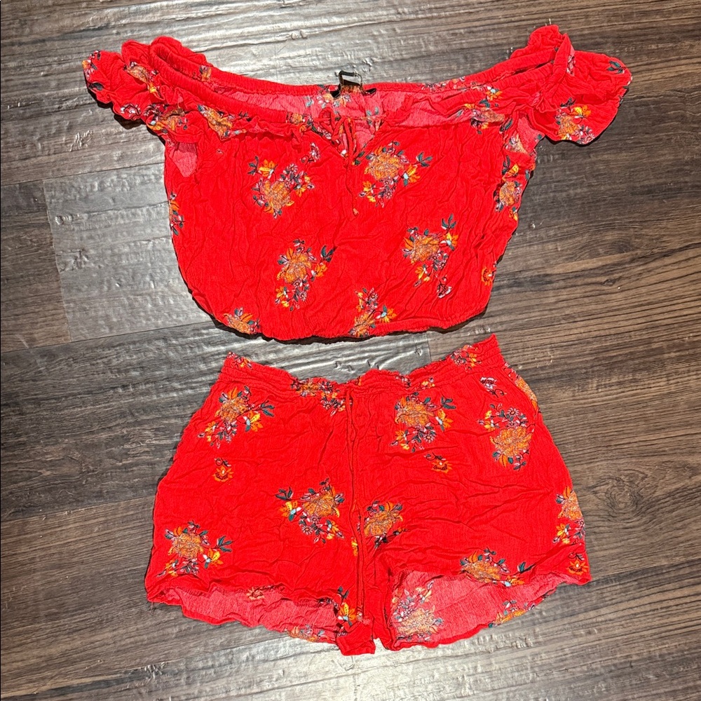 Red Floral Two-Piece Off-Shoulder Set